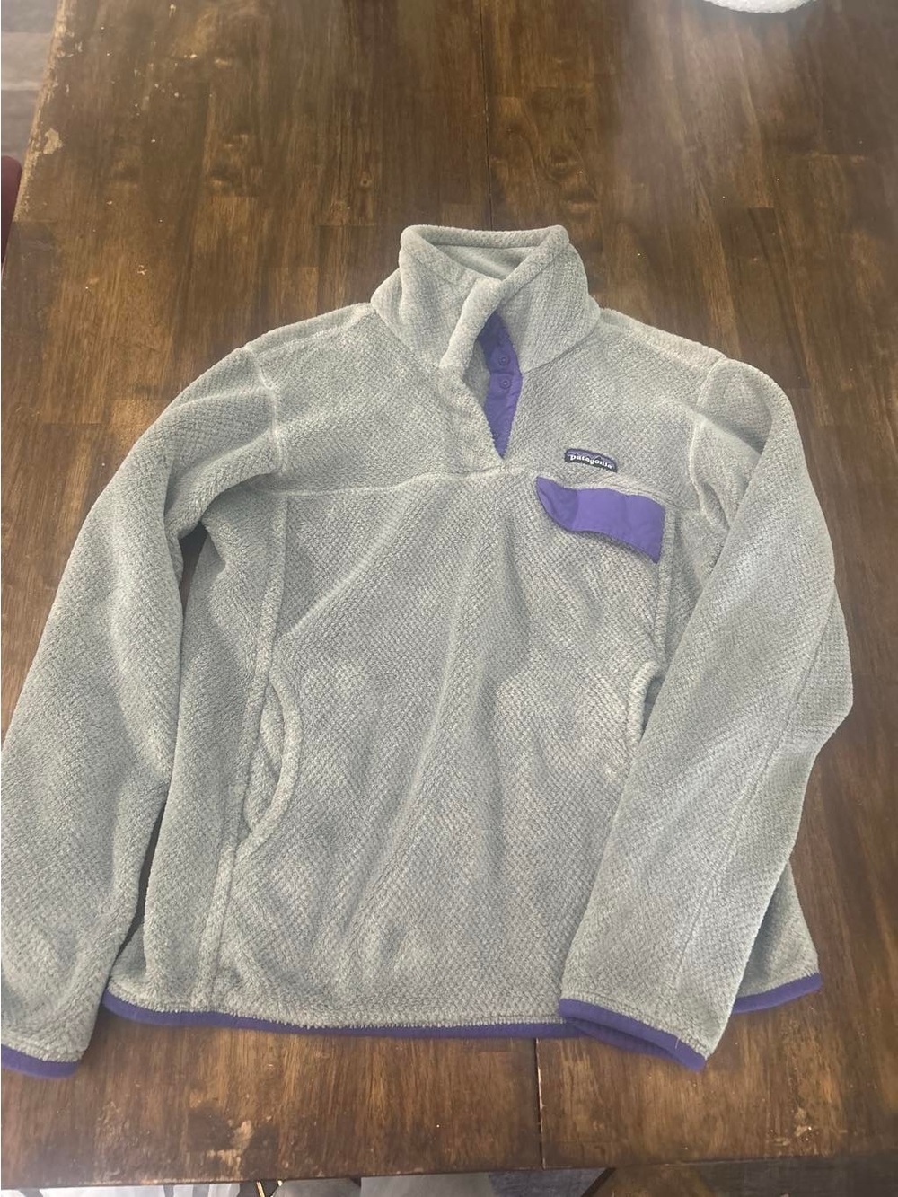 Patagonia Light Gray Fleece Snap Pullover with Purple Accents